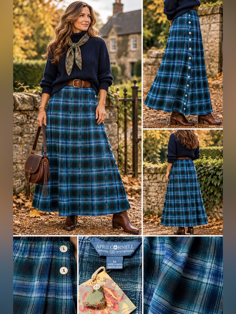 NWT April Cornell Windsor Check Teal Blue Plaid Midi/Maxi Skirt M Rayon
